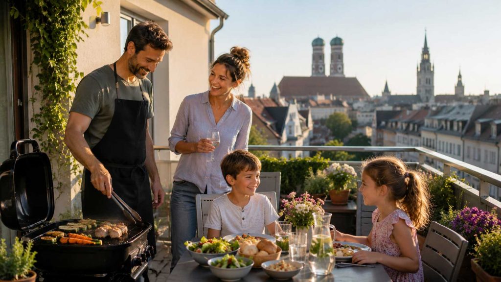 Familie grillt auf dem Balkon in München