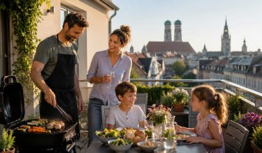 Familie grillt auf dem Balkon in München