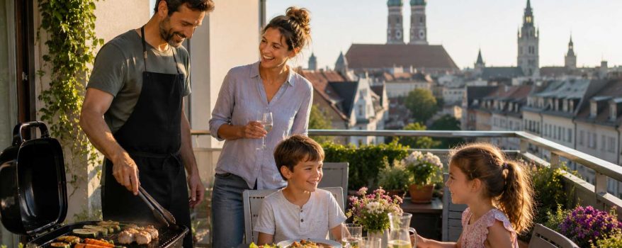Familie grillt auf dem Balkon in München