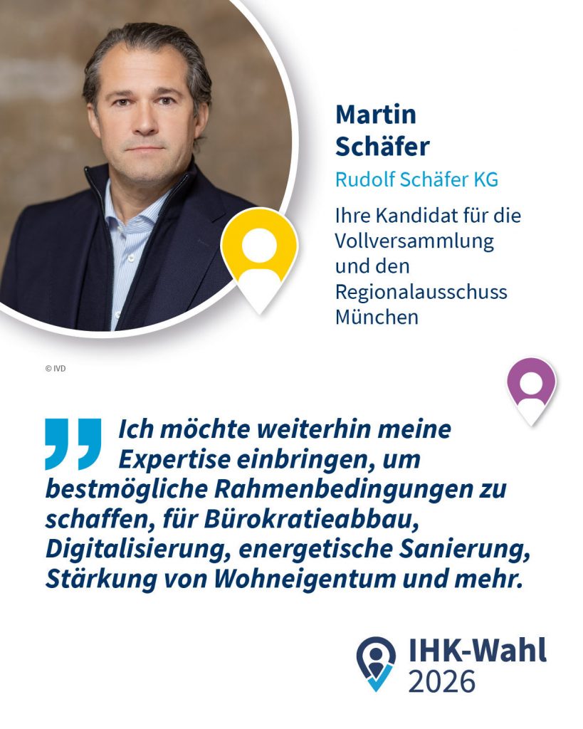 Mitwirken, Impulse geben, produktiv hinterfragen und gestalten – das ist das Motto von Martin Schäfer. Als Vorstandsvorsitzender des IVD Süd und seit drei Amtszeiten Mitglied der Vollversammlung ist es ihm ein Anliegen, die Immobilienbranche bestmöglich zu vertreten.
